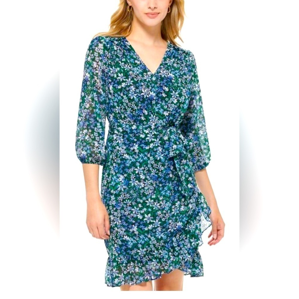 Karl Lagerfeld Paris Women's Floral Printed Tie Waist Ruffled Dress Blue Size 2